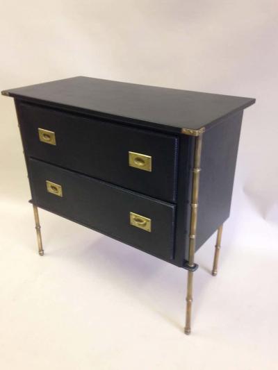 Jacques Adnet Rare French Handstitched Leather and Brass Faux Bamboo Commode by Jacques Adnet