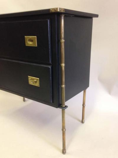 Jacques Adnet Rare French Handstitched Leather and Brass Faux Bamboo Commode by Jacques Adnet