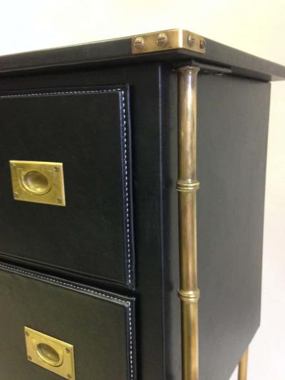 Jacques Adnet Rare French Handstitched Leather and Brass Faux Bamboo Commode by Jacques Adnet
