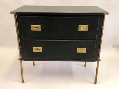 Jacques Adnet Rare French Handstitched Leather and Brass Faux Bamboo Commode by Jacques Adnet