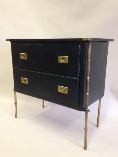 Jacques Adnet Rare French Handstitched Leather and Brass Faux Bamboo Commode by Jacques Adnet