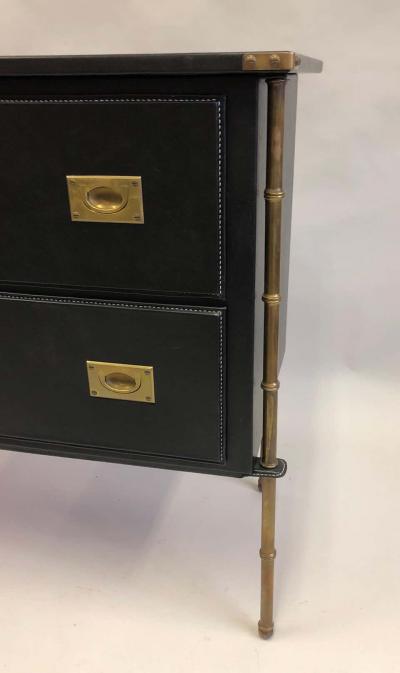 Jacques Adnet Rare French Handstitched Leather and Brass Faux Bamboo Commode by Jacques Adnet