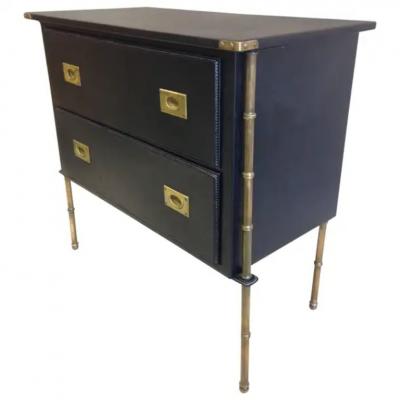 Jacques Adnet Rare French Handstitched Leather and Brass Faux Bamboo Commode by Jacques Adnet