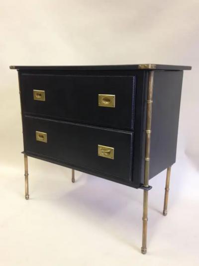 Jacques Adnet Rare French Handstitched Leather and Brass Faux Bamboo Commode by Jacques Adnet