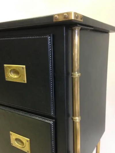 Jacques Adnet Rare French Handstitched Leather and Brass Faux Bamboo Commode by Jacques Adnet