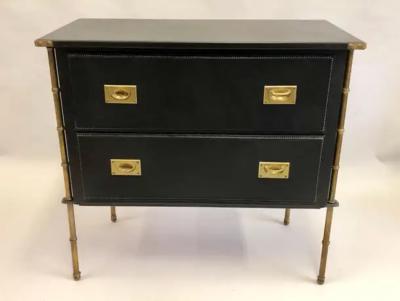 Jacques Adnet Rare French Handstitched Leather and Brass Faux Bamboo Commode by Jacques Adnet