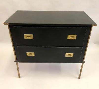 Jacques Adnet Rare French Handstitched Leather and Brass Faux Bamboo Commode by Jacques Adnet