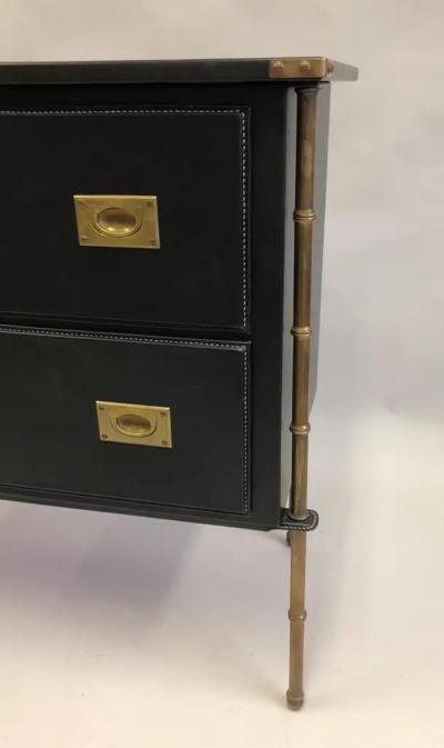 Jacques Adnet Rare French Handstitched Leather and Brass Faux Bamboo Commode by Jacques Adnet