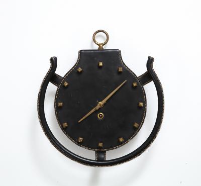 Jacques Adnet Rare Leather and Bronze Horseshoe Wall Clock by Jacques Admet