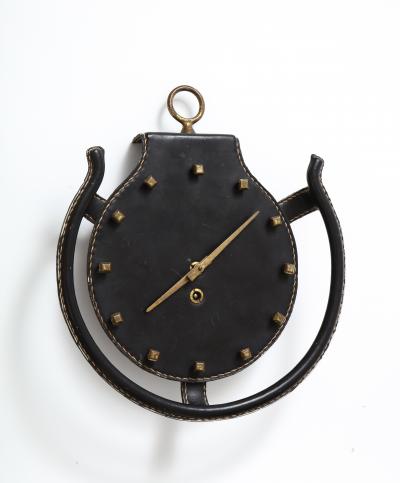 Jacques Adnet Rare Leather and Bronze Horseshoe Wall Clock by Jacques Admet