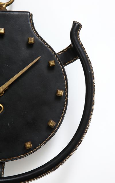 Jacques Adnet Rare Leather and Bronze Horseshoe Wall Clock by Jacques Admet