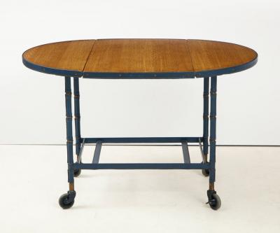 Jacques Adnet Rare oak and blue stitched leather drop leaf table bar cart by Jacques Adnet