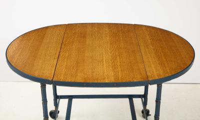 Jacques Adnet Rare oak and blue stitched leather drop leaf table bar cart by Jacques Adnet