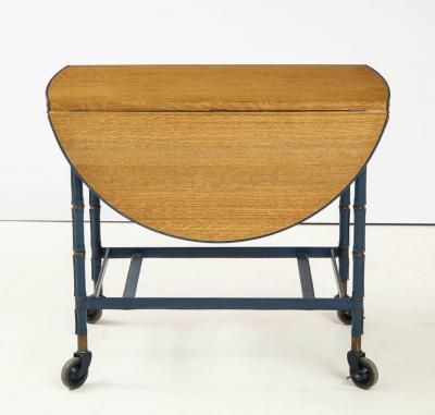 Jacques Adnet Rare oak and blue stitched leather drop leaf table bar cart by Jacques Adnet