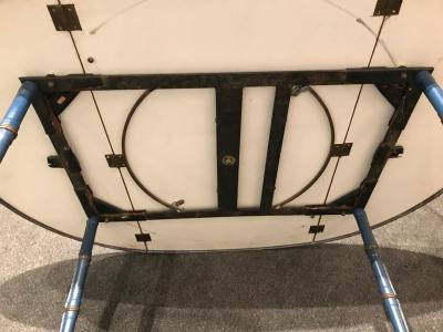 Jacques Adnet Rare oak and blue stitched leather drop leaf table bar cart by Jacques Adnet