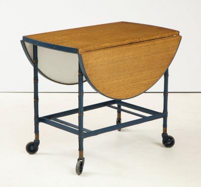 Jacques Adnet Rare oak and blue stitched leather drop leaf table bar cart by Jacques Adnet