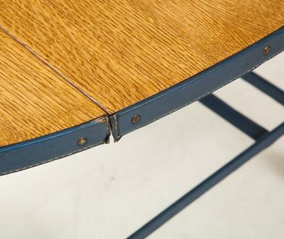 Jacques Adnet Rare oak and blue stitched leather drop leaf table bar cart by Jacques Adnet