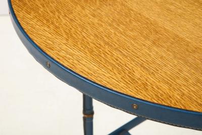 Jacques Adnet Rare oak and blue stitched leather drop leaf table bar cart by Jacques Adnet