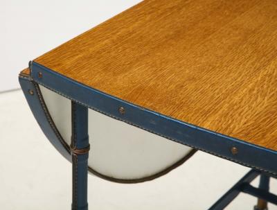 Jacques Adnet Rare oak and blue stitched leather drop leaf table bar cart by Jacques Adnet
