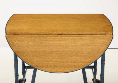 Jacques Adnet Rare oak and blue stitched leather drop leaf table bar cart by Jacques Adnet