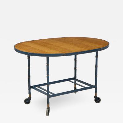 Jacques Adnet Rare oak and blue stitched leather drop leaf table bar cart by Jacques Adnet