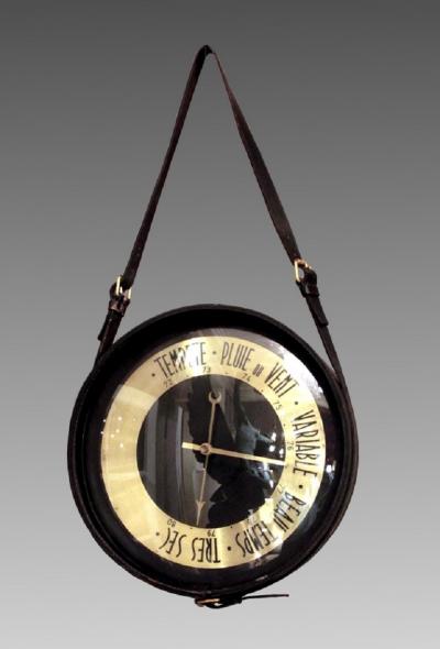 Jacques Adnet Round clock and barometer in black leather by Jacques Adnet France 1950