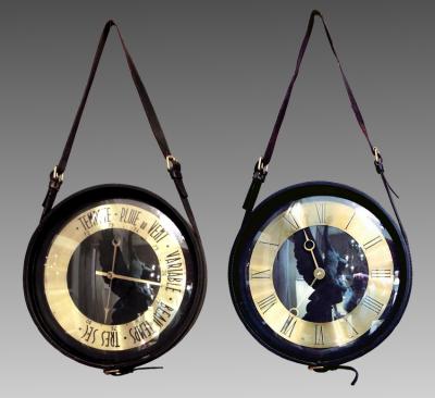 Jacques Adnet Round clock and barometer in black leather by Jacques Adnet France 1950