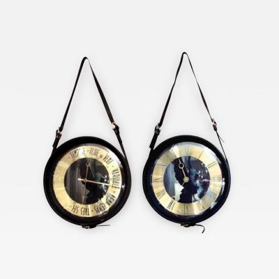 Jacques Adnet Round clock and barometer in black leather by Jacques Adnet France 1950