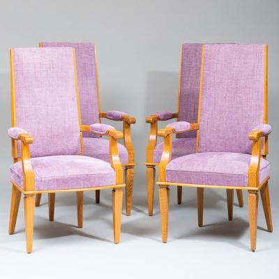Jacques Adnet SET OF FOUR ART DECO BEECHWOOD ARMCHAIRS BY JACQUES ADNET
