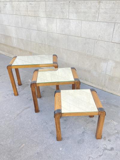 Jacques Adnet Set of 3 nesting tavles with stitched leather by Jacques Adnet