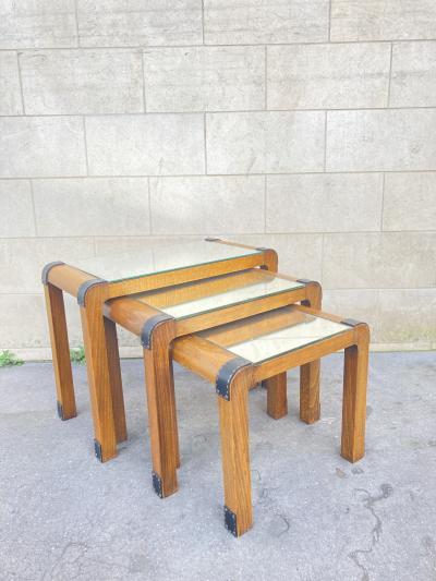Jacques Adnet Set of 3 nesting tavles with stitched leather by Jacques Adnet