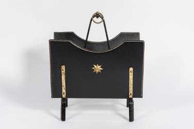 Jacques Adnet Stitched Leather Magasine Rack by Jacques Adnet