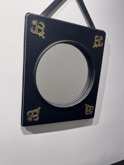 Jacques Adnet Stitched Leather Mirror with Brass Ornamentation