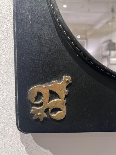 Jacques Adnet Stitched Leather Mirror with Brass Ornamentation