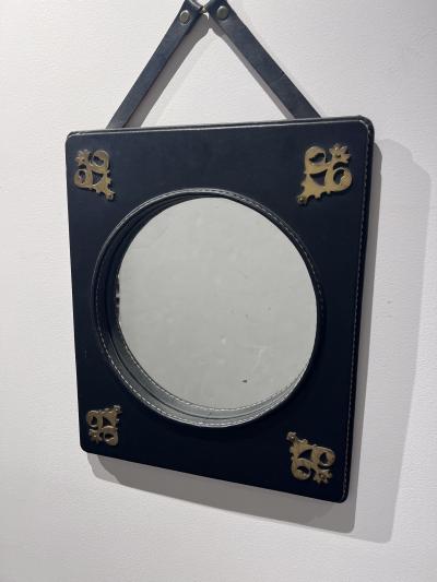 Jacques Adnet Stitched Leather Mirror with Brass Ornamentation