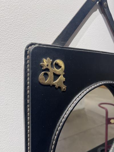Jacques Adnet Stitched Leather Mirror with Brass Ornamentation