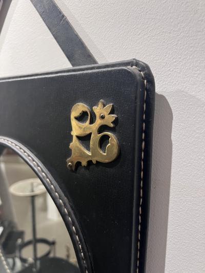 Jacques Adnet Stitched Leather Mirror with Brass Ornamentation