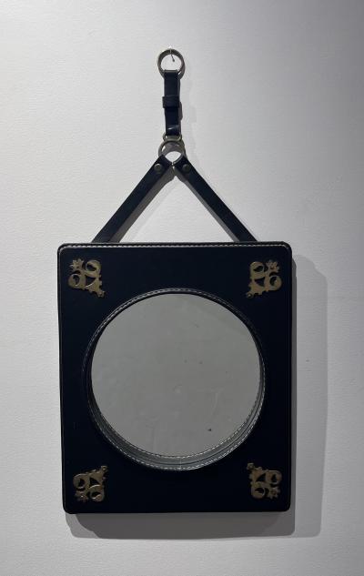 Jacques Adnet Stitched Leather Mirror with Brass Ornamentation