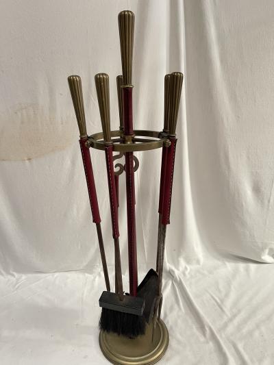 Jacques Adnet Stitched leather and bronze fire stools by Jacques Adnet