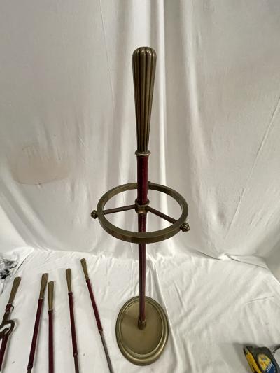 Jacques Adnet Stitched leather and bronze fire stools by Jacques Adnet