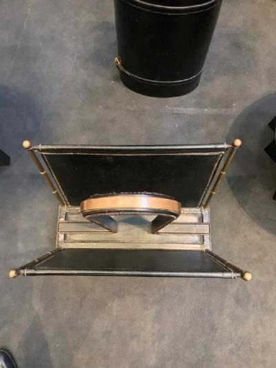 Jacques Adnet Stylish stitched leather and brass magazine holder by Jacques Adnet