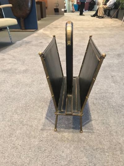 Jacques Adnet Stylish stitched leather and brass magazine holder by Jacques Adnet
