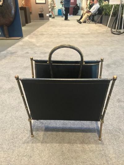 Jacques Adnet Stylish stitched leather and brass magazine holder by Jacques Adnet