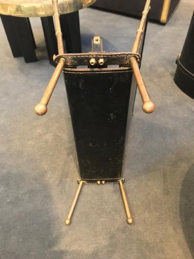 Jacques Adnet Stylish stitched leather and brass magazine holder by Jacques Adnet