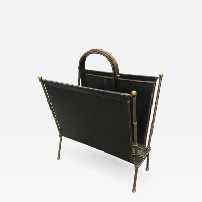 Jacques Adnet Stylish stitched leather and brass magazine holder by Jacques Adnet