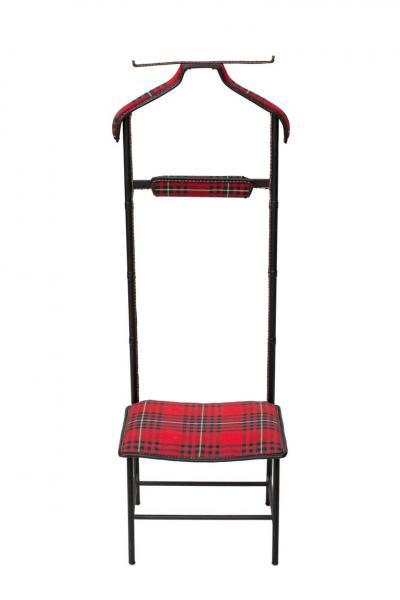 Jacques Adnet Valet Black Stitched Leather and Tartan Upholstery France 1950s