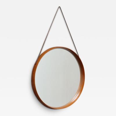 Jacques Adnet Vintage Italian Round Maple Wall Mirror with Original Leather Strap