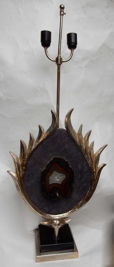 Jacques Duval Brasseur 1970 Decor Lotus Lamp Silver Bronze Shagreen Agate Duval Brasseur Unsigned