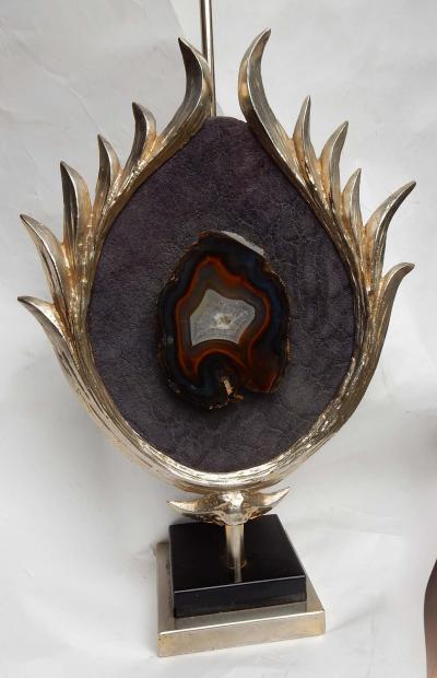 Jacques Duval Brasseur 1970 Decor Lotus Lamp Silver Bronze Shagreen Agate Duval Brasseur Unsigned