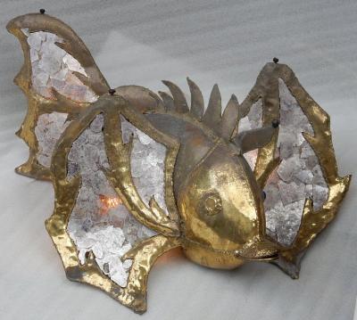 Jacques Duval Brasseur 1970 Eluminating Brass Fish Coffee Table with Mika Violet Style Duval Brasseur